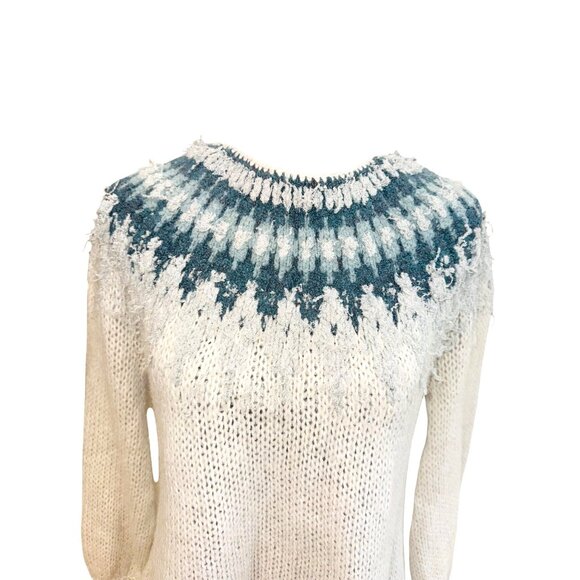 Free People Baltic Fair isle Oversized Pullover Sweater, Blue, Ivory XS Preppy - Picture 3 of 9